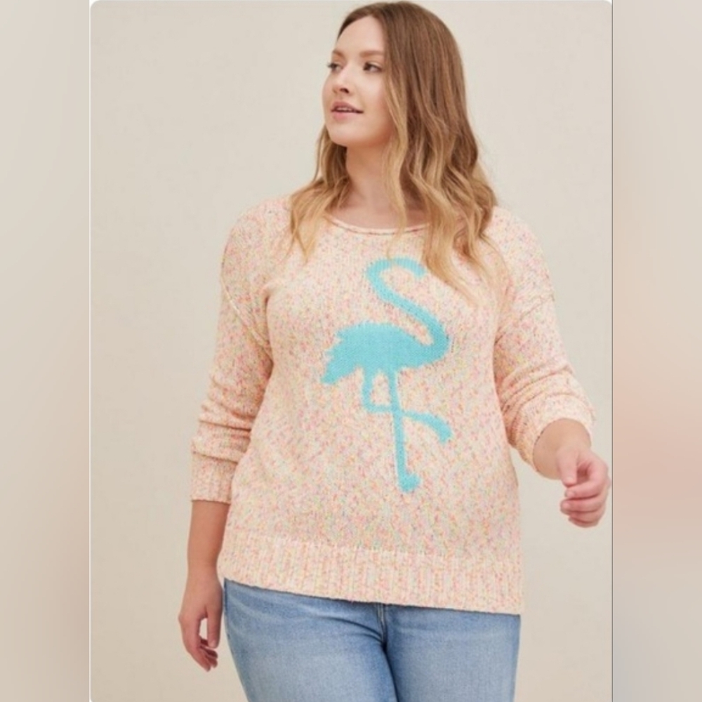 Torrid Flamingo Graphic Pullover Sweater Pink Marled Knit Size 2 Plus